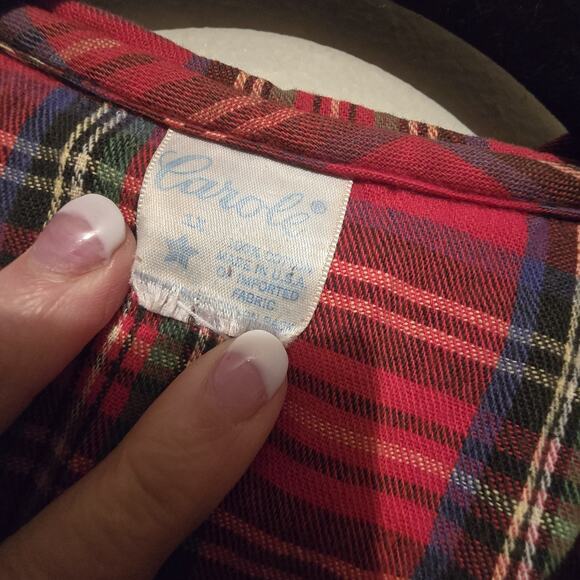 Vintage 70s 80s Carole Plaid Flannel Nightgown Women 1X Red USA Pearl Snap Lace - Picture 8 of 12